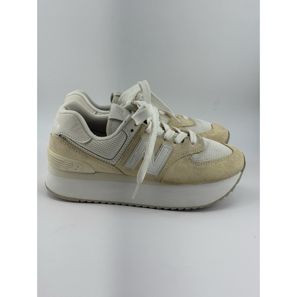 New Balance 574+ Womens Size 7B Beige White Athletic Platform Shoes Sneakers
